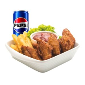 Alitas de pollo con patatas y refresco