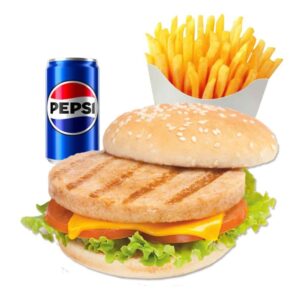 Hamburguesa con patatas y refresco