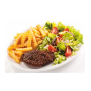 Plato de hamburguesa con patatas y ensalada